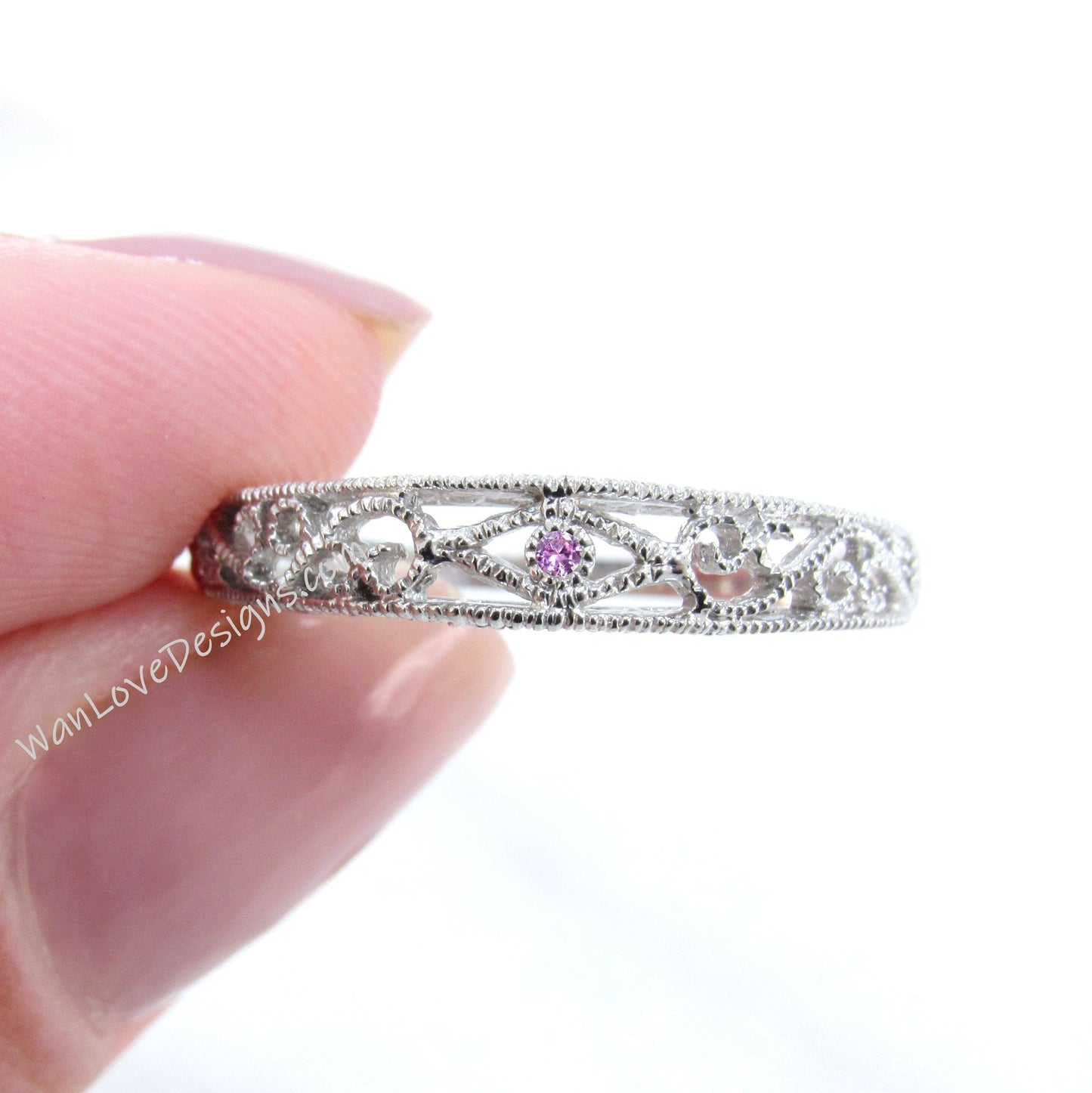 Unique wedding band gold Vintage unique Pink Sapphire ring Delicate filigree Hollow Promise stacking matching band Anniversary promise ring Wan Love Designs