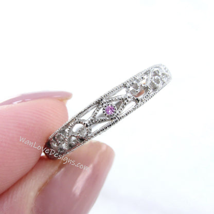 Unique wedding band gold Vintage unique Pink Sapphire ring Delicate filigree Hollow Promise stacking matching band Anniversary promise ring Wan Love Designs