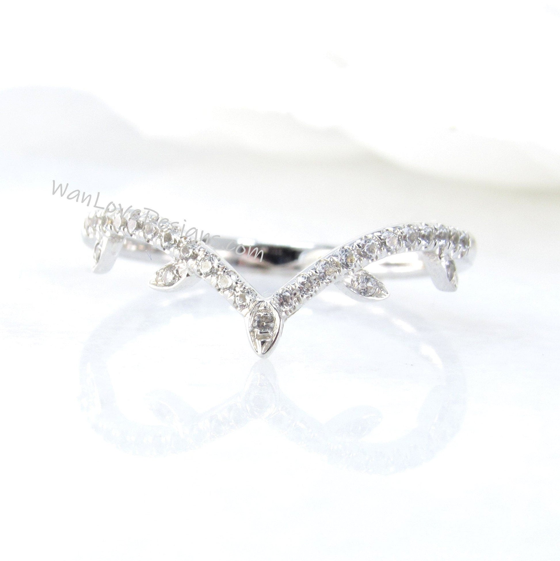 V Chevron curved band twig Leaf Moissanite wedding ring White Gold Wedding Band bridal promise anniversary unique Ring Custom Ready to Ship Wan Love Designs