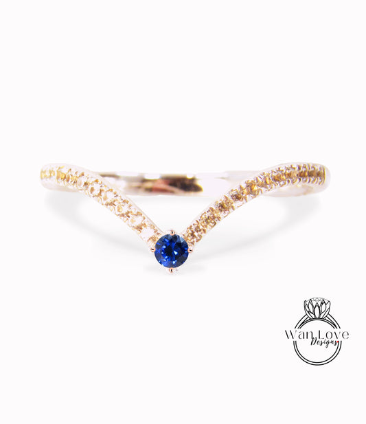 Blue Sapphire Diamond Curved Stacking Ring • Diamond V Chevron Ring, Thin Gold Minimalist Ring • Dainty Wedding Ring • Gift for Her