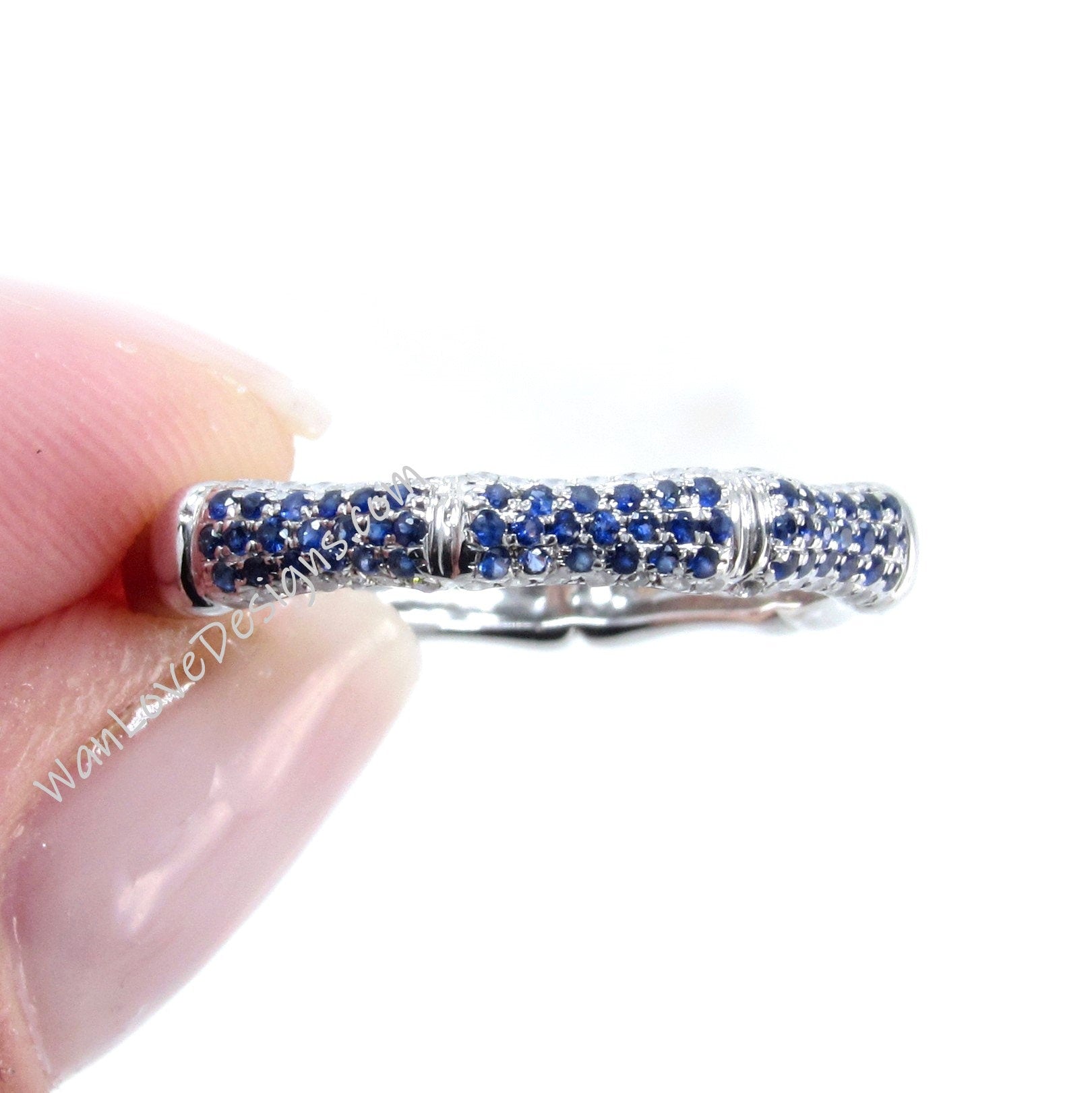 Vintage Bamboo Pave Shape Blue Sapphire Rings/ Antique Bridal Stack Rings/ Diamond Matching Bands/ Elegant Women's Rings/ Promise Rings Wan Love Designs