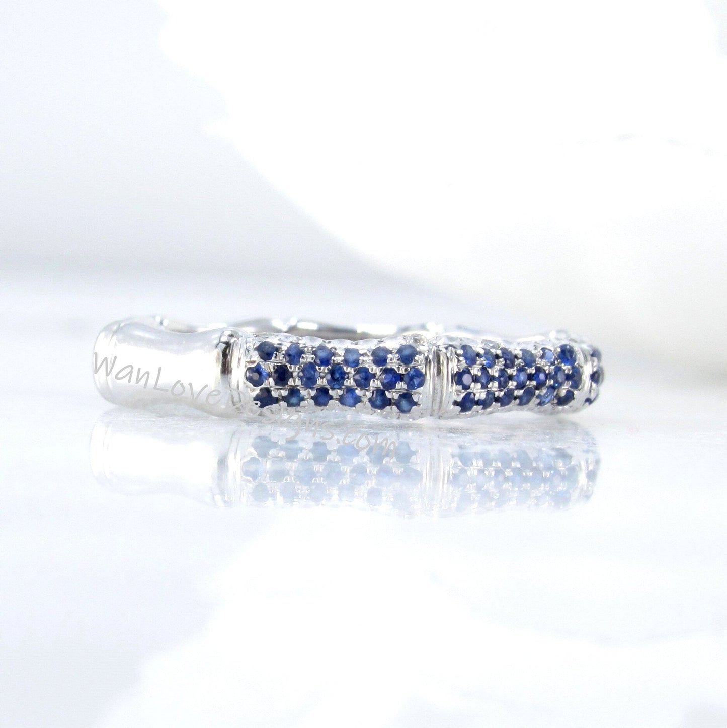 Vintage Bamboo Pave Shape Blue Sapphire Rings/ Antique Bridal Stack Rings/ Diamond Matching Bands/ Elegant Women's Rings/ Promise Rings Wan Love Designs