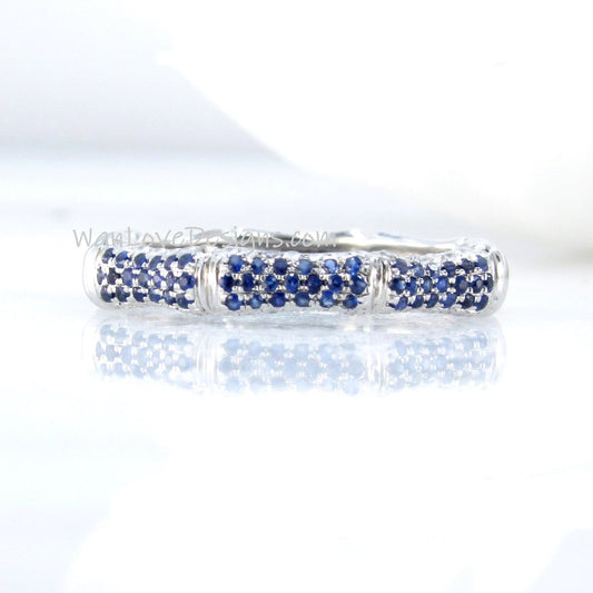 Vintage Bamboo Pave Shape Blue Sapphire Rings/ Antique Bridal Stack Rings/ Diamond Matching Bands/ Elegant Women's Rings/ Promise Rings Wan Love Designs