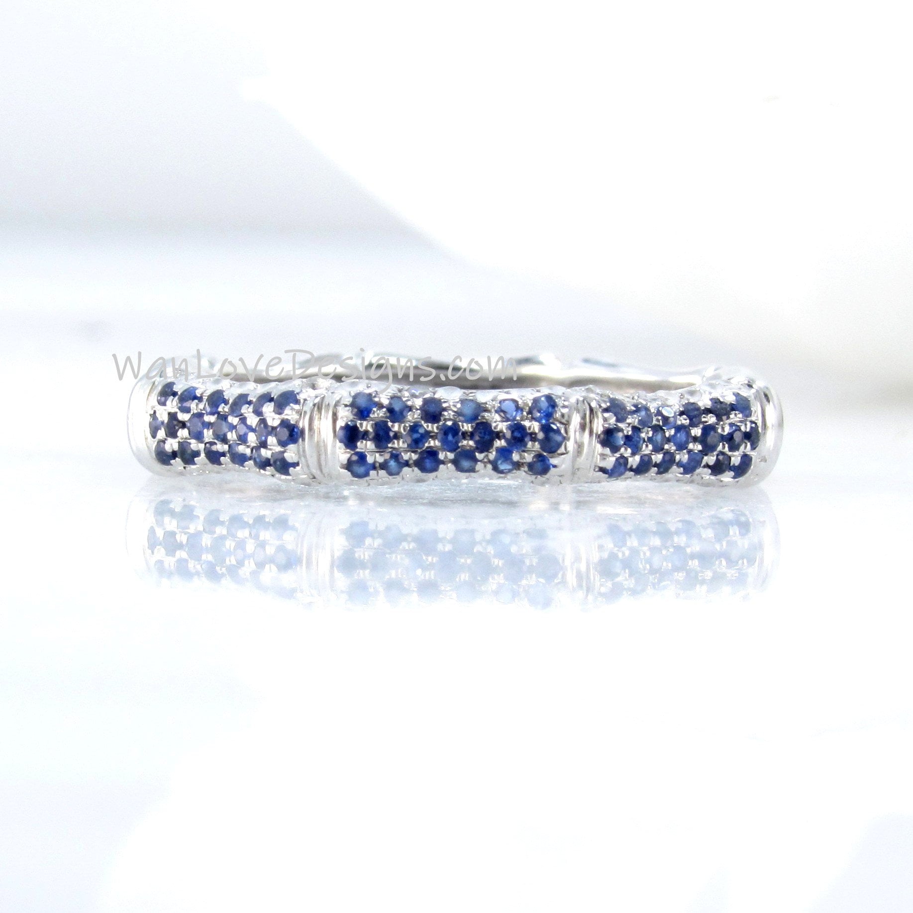 Vintage Bamboo Pave Shape Blue Sapphire Rings/ Antique Bridal Stack Rings/ Diamond Matching Bands/ Elegant Women's Rings/ Promise Rings Wan Love Designs