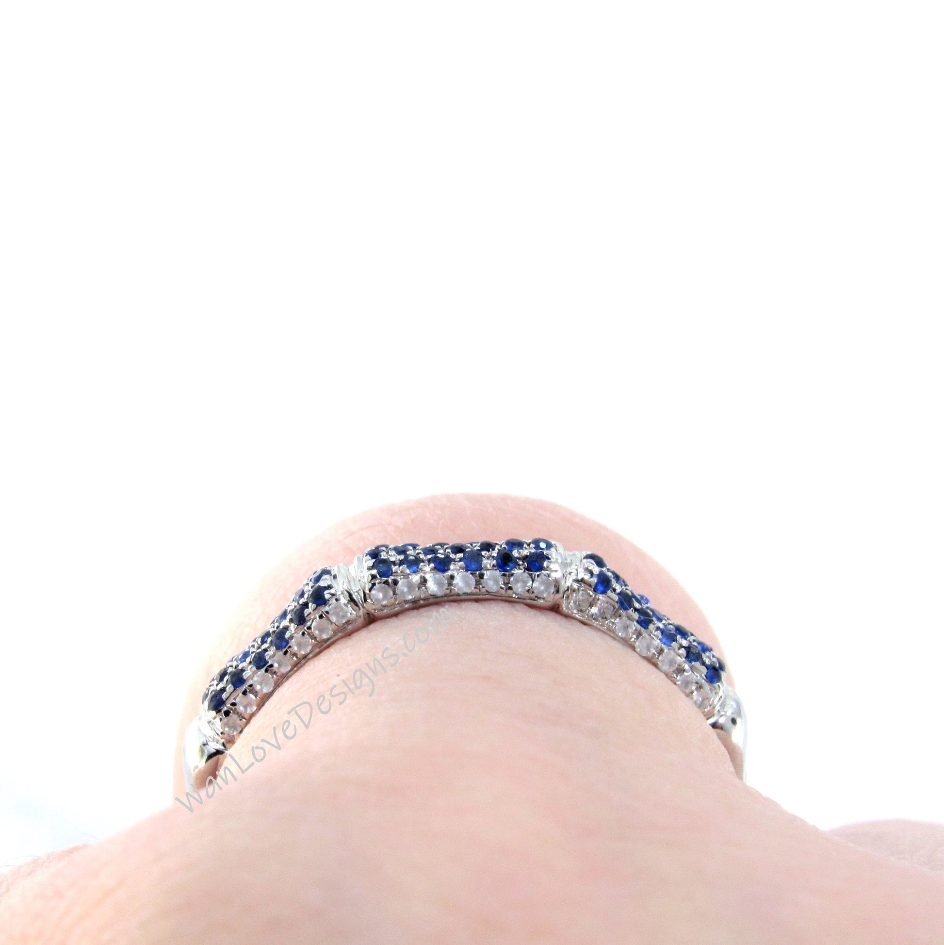 Vintage Bamboo Pave Shape Blue Sapphire Rings/ Antique Bridal Stack Rings/ Diamond Matching Bands/ Elegant Women's Rings/ Promise Rings Wan Love Designs