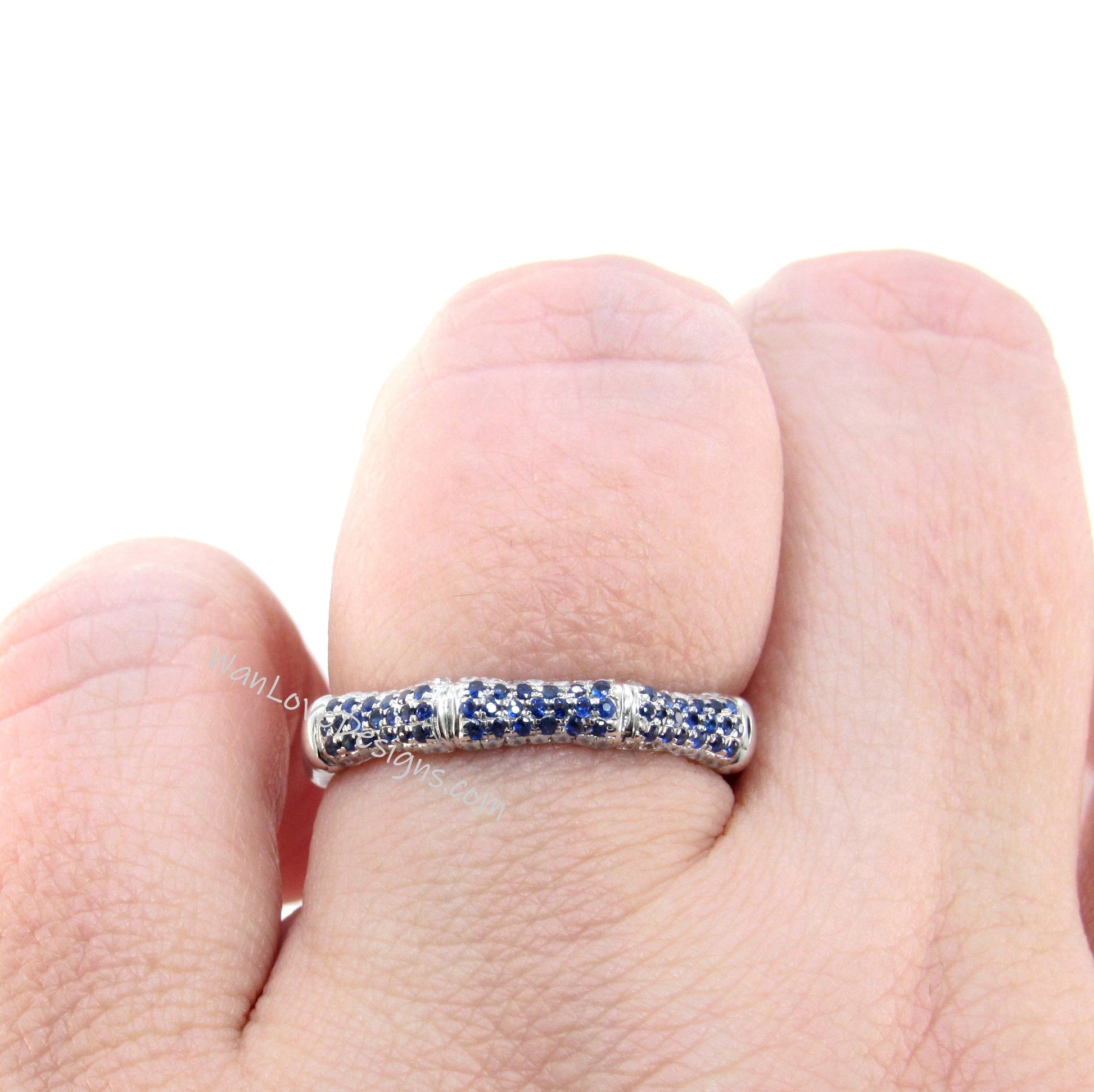 Vintage Bamboo Pave Shape Blue Sapphire Rings/ Antique Bridal Stack Rings/ Diamond Matching Bands/ Elegant Women's Rings/ Promise Rings Wan Love Designs