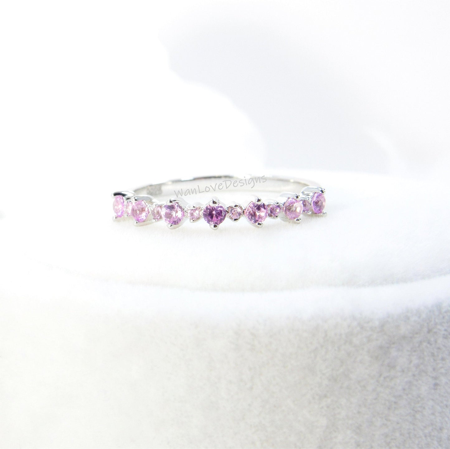 Vintage Birthstone wedding band, Cluster half eternity band, Unique Moisanite Blue Pink Sapphire Ruby ring, Promise Anniversary ring Ready Wan Love Designs