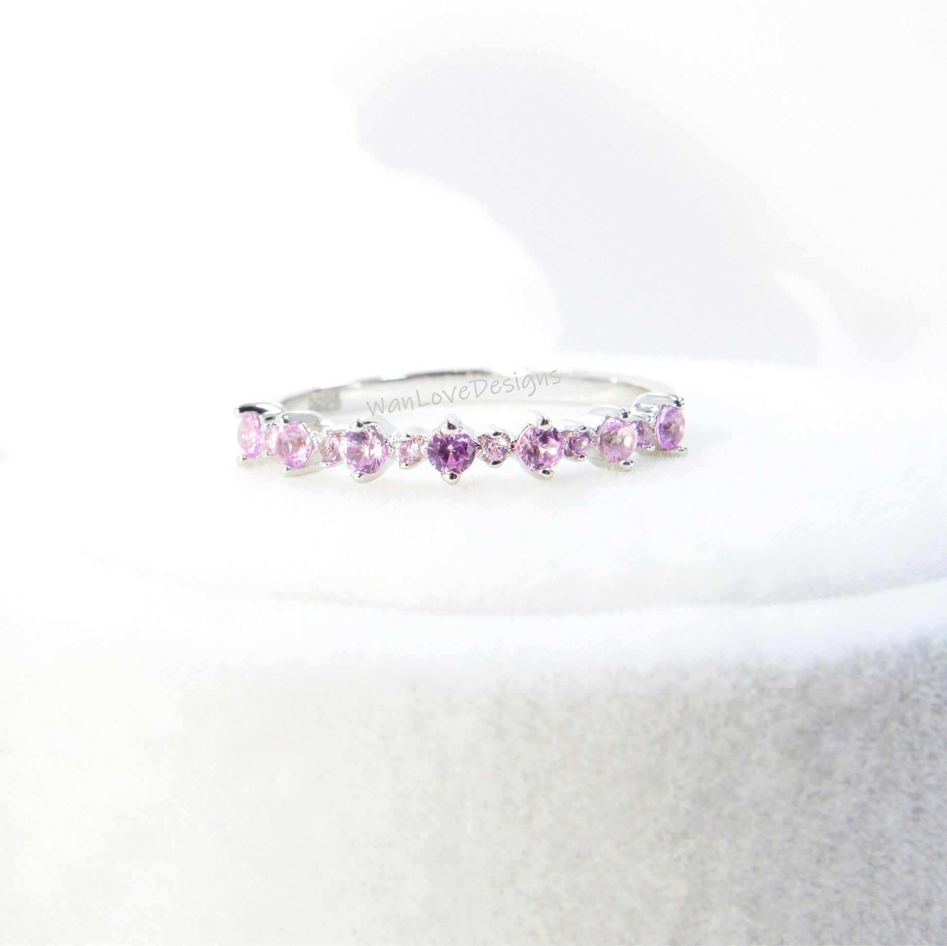 Vintage Birthstone wedding band, Cluster half eternity band, Unique Moisanite Blue Pink Sapphire Ruby ring, Promise Anniversary ring Ready Wan Love Designs