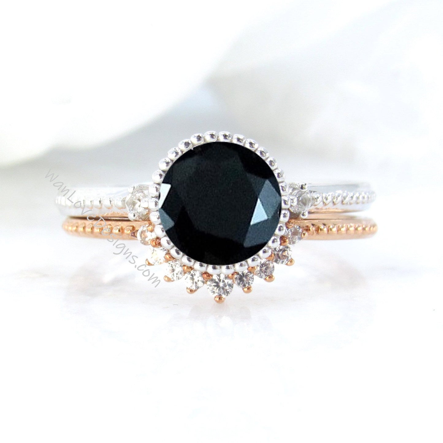 Vintage Black Spinel Engagement Ring Art Deco rose gold Round Milgrain Bezel Bridal set Curved Diamond wedding band Anniversary promise ring Wan Love Designs