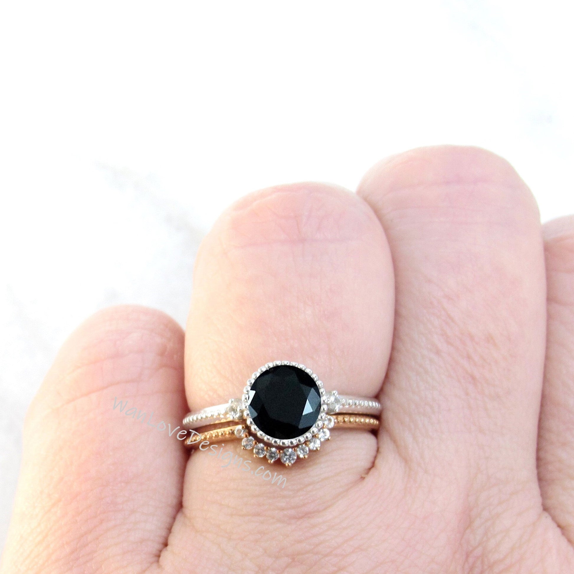 Vintage Black Spinel Engagement Ring Art Deco rose gold Round Milgrain Bezel Bridal set Curved Diamond wedding band Anniversary promise ring Wan Love Designs