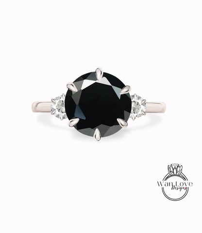 Vintage Black Spinel Engagement Ring round Cut White Spaphire Art Deco three gem stone cluster 6 Prong ring Wedding Bridal Ring Anniversary Wan Love Designs