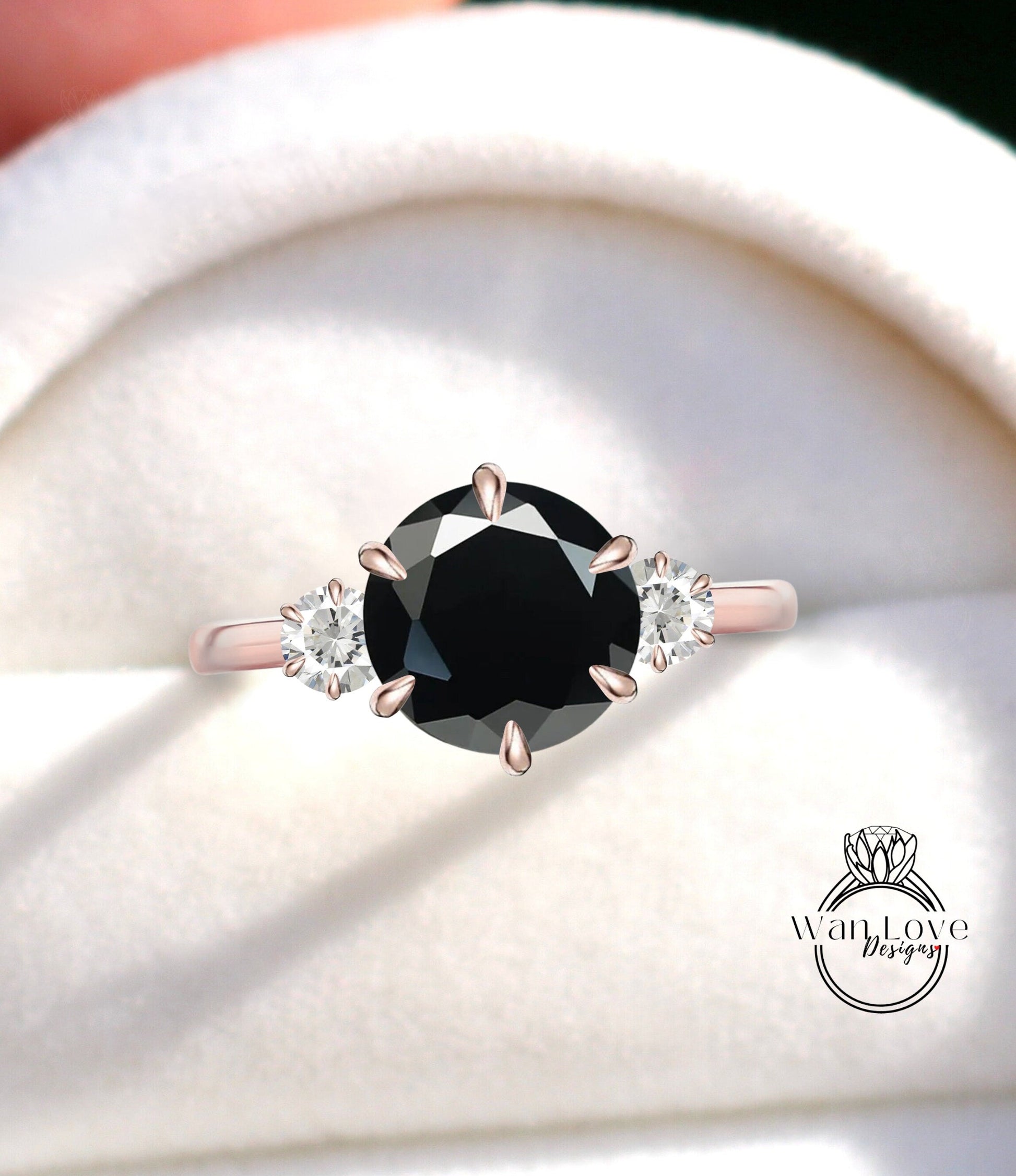 Vintage Black Spinel Engagement Ring round Cut White Spaphire Art Deco three gem stone cluster 6 Prong ring Wedding Bridal Ring Anniversary Wan Love Designs