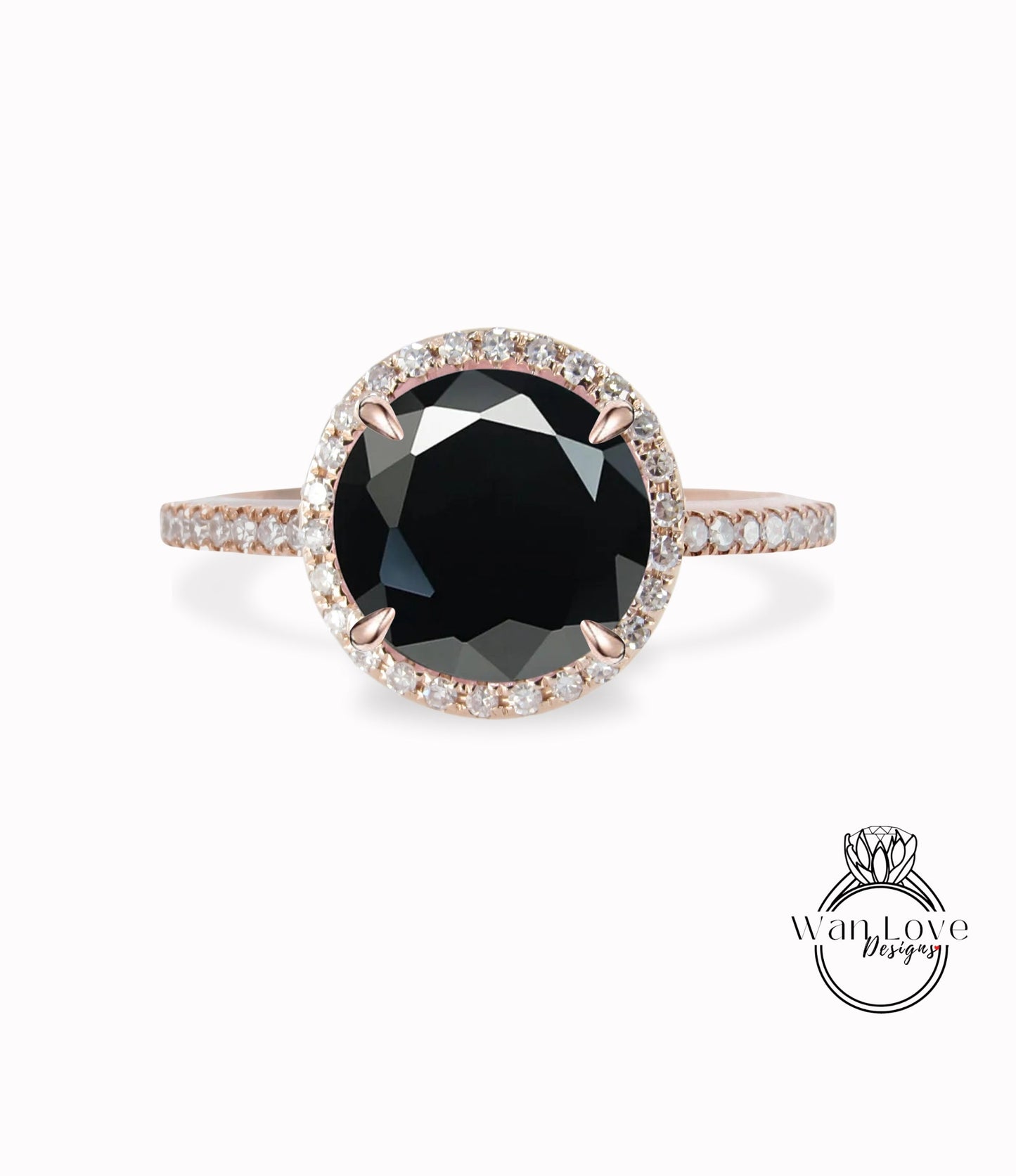 Vintage Black Spinel engagement ring rose gold round cut halo ring art deco diamond halo ring wedding Bridal ring Anniversary promise ring Wan Love Designs