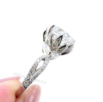 Vintage Blue Moissanite Diamond Lotus Flower Ring Marquise Leaf Split Shank Engagement Ring antique flower round ring wedding promise ring Wan Love Designs
