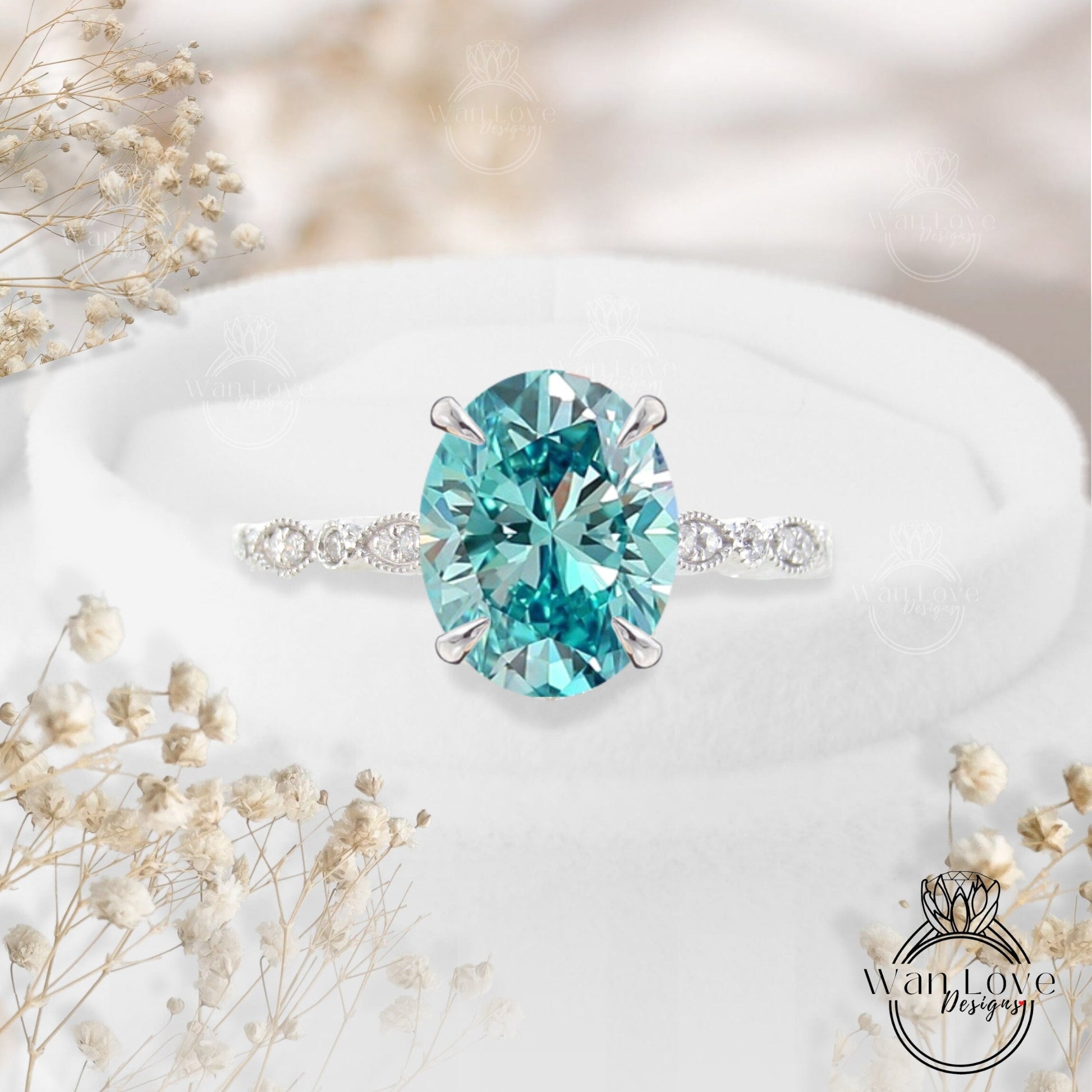 Vintage Blue Moissanite & Diamonds Engagement Wedding Rings, Art deco milgrain 14K 18K Rose Gold Oval moissanite diamond halo bridal ring Wan Love Designs