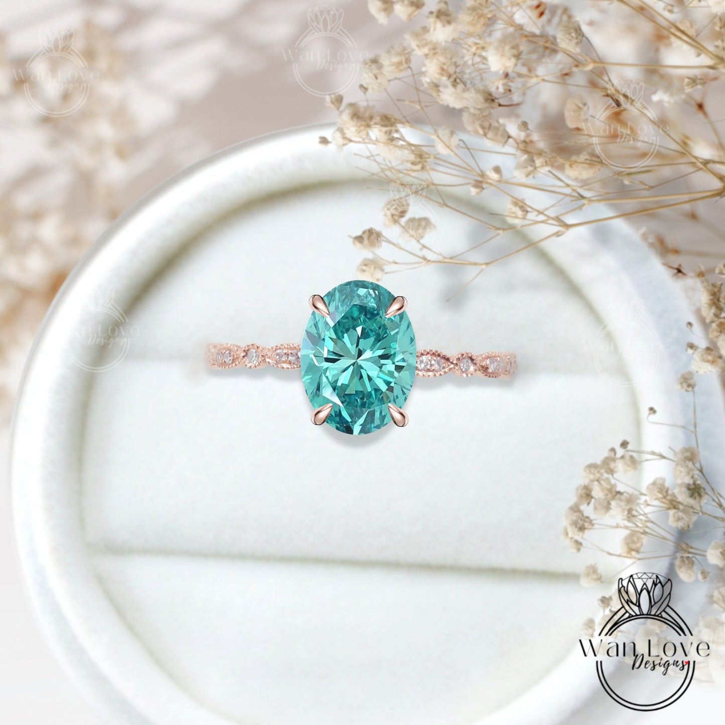 Vintage Blue Moissanite & Diamonds Engagement Wedding Rings, Art deco milgrain 14K 18K Rose Gold Oval moissanite diamond halo bridal ring Wan Love Designs