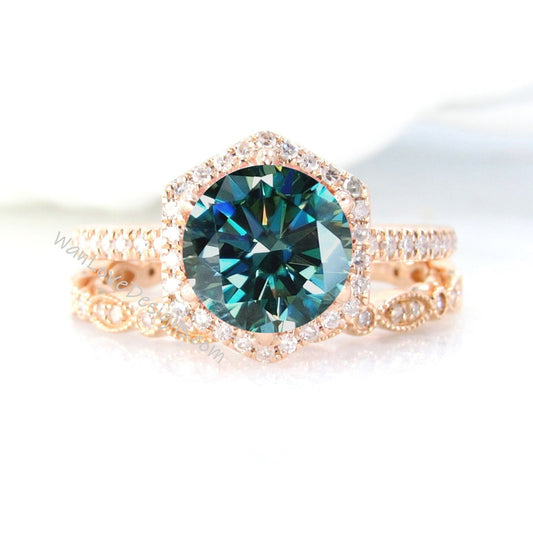 Vintage Blue Moissanite Engagement Ring Rose gold Women Diamond Hexagon Halo wedding set Vintage Bridal set Promise ring Anniversary ring Wan Love Designs