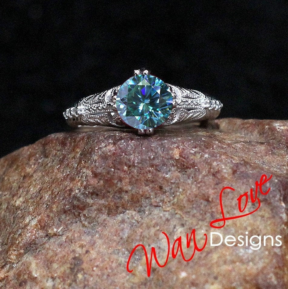 Vintage Blue Moissanite Engagement Ring round cut engraved Ring Antique milgrain ring art deco Wedding Bridal Ring Anniversary promise ring Wan Love Designs