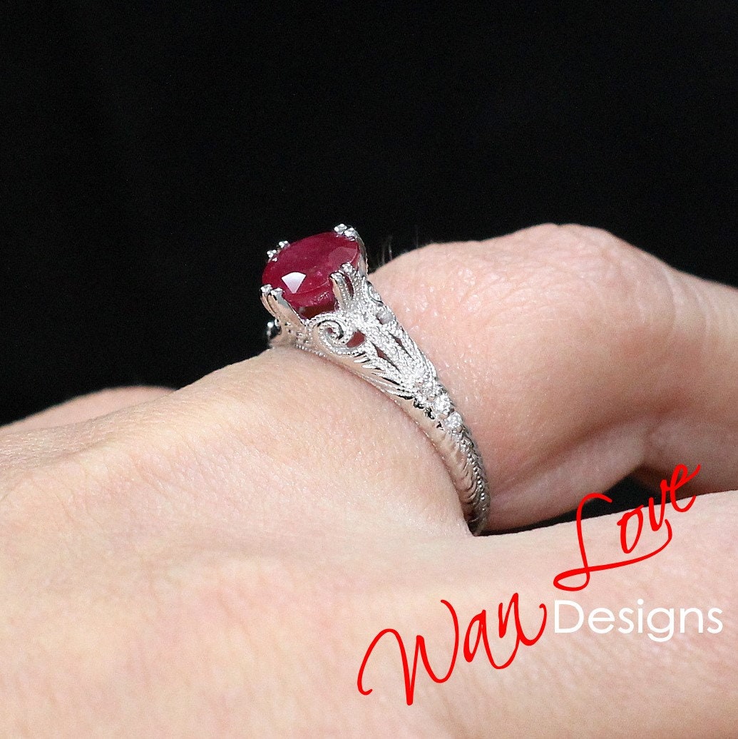 Vintage Blue Moissanite Engagement Ring round cut engraved Ring Antique milgrain ring art deco Wedding Bridal Ring Anniversary promise ring Wan Love Designs