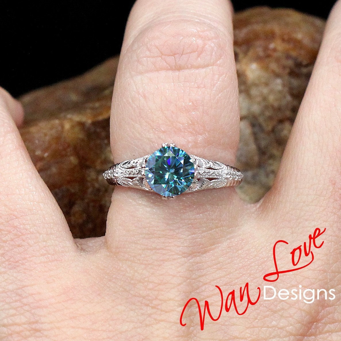 Vintage Blue Moissanite Engagement Ring round cut engraved Ring Antique milgrain ring art deco Wedding Bridal Ring Anniversary promise ring Wan Love Designs