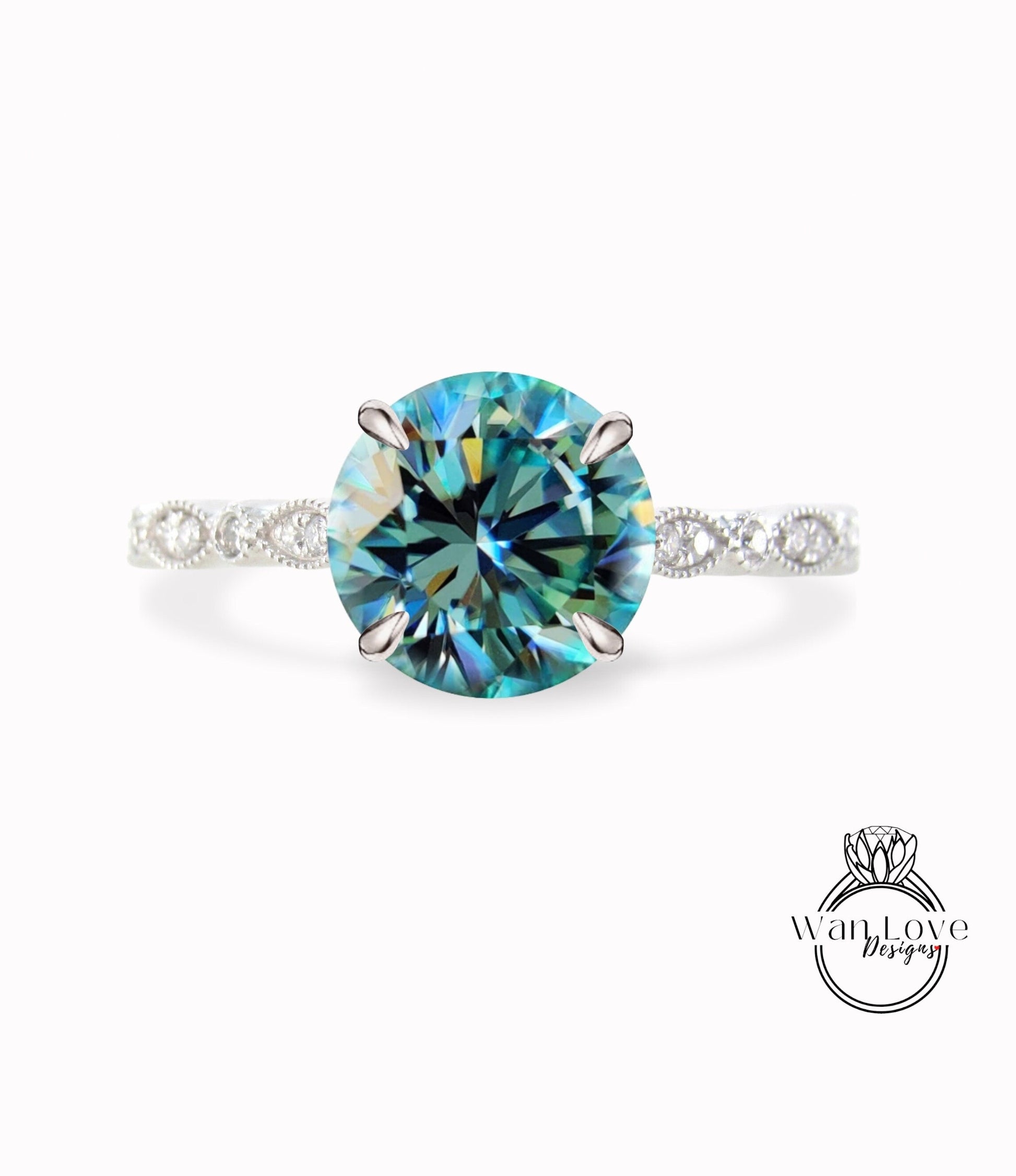 Vintage Blue Moissanite Engagement Ring round cut milgrain leaf Ring Antique gold 4 prongs Wedding Bridal Ring Anniversary promise ring Wan Love Designs