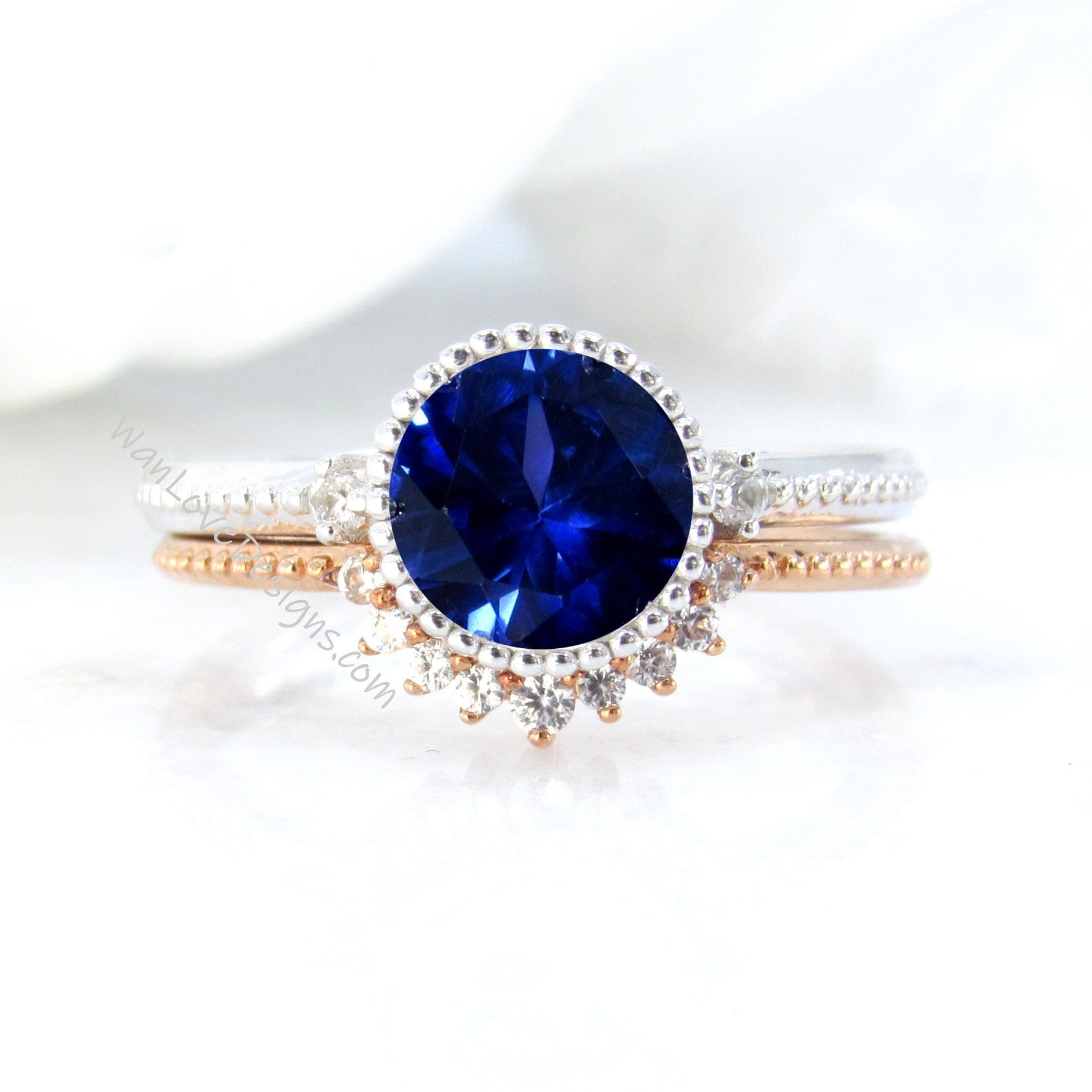 Vintage Blue Sapphire Engagement Ring Art Deco rose gold Round Migrain Bezel Bridal set Curved Diamond wedding band Anniversary promise ring Wan Love Designs