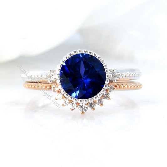 Vintage Blue Sapphire Engagement Ring Art Deco rose gold Round Migrain Bezel Bridal set Curved Diamond wedding band Anniversary promise ring Wan Love Designs