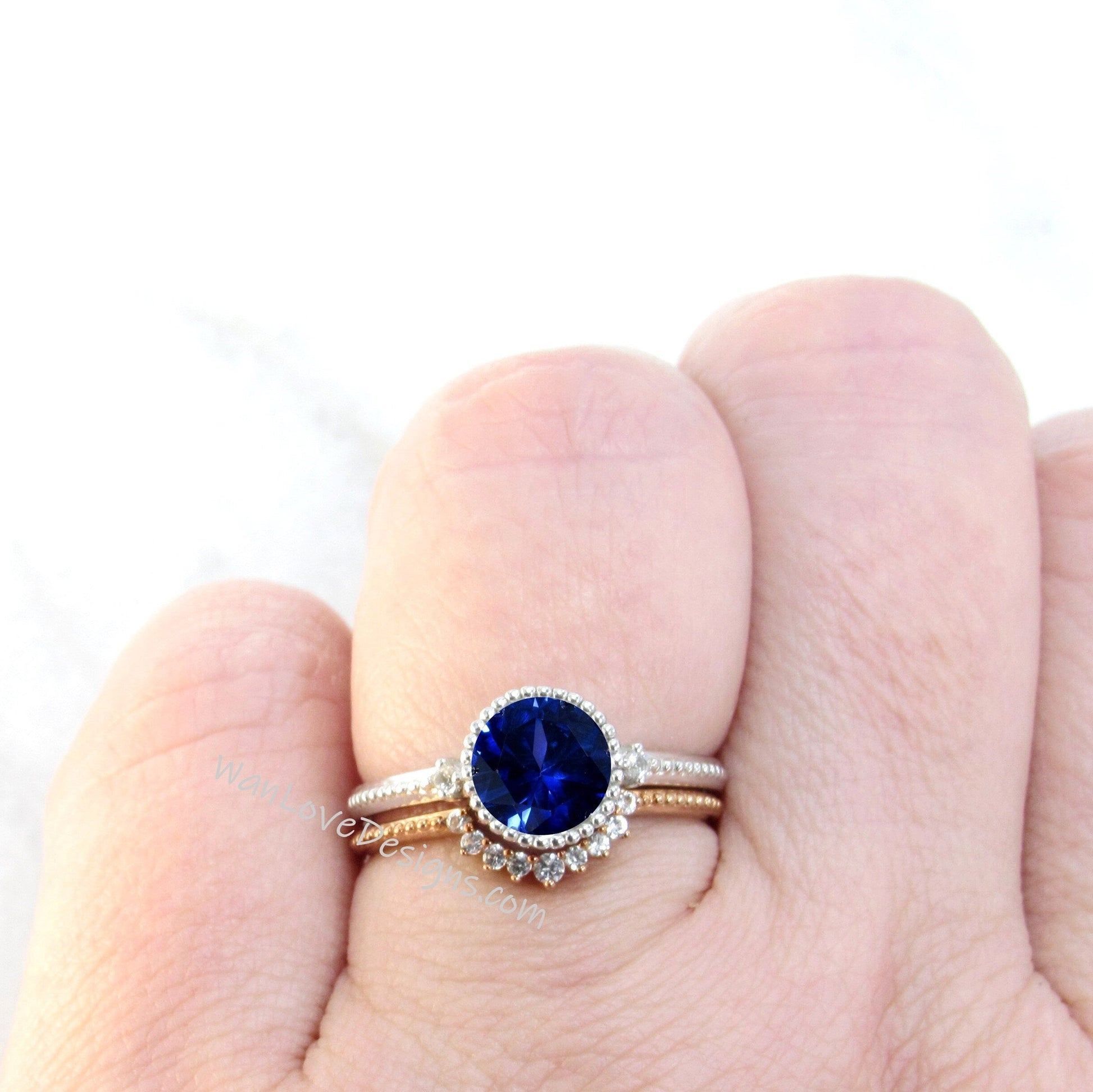 Vintage Blue Sapphire Engagement Ring Art Deco rose gold Round Migrain Bezel Bridal set Curved Diamond wedding band Anniversary promise ring Wan Love Designs