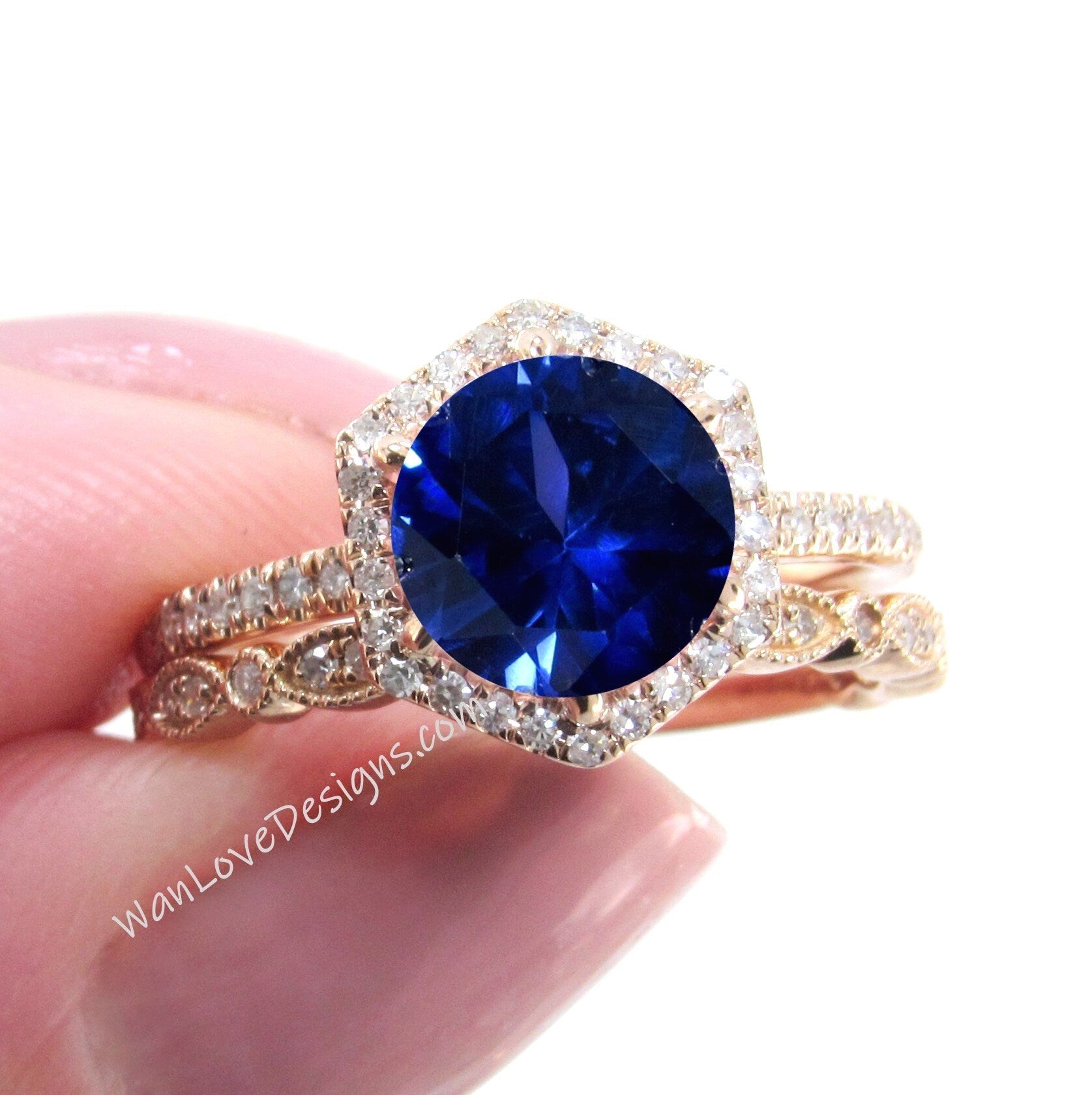 Vintage Blue Sapphire Engagement Ring Rose gold Women Diamond Hexagon Halo wedding set Vintage Bridal set Promise ring Anniversary ring Wan Love Designs