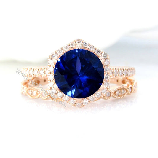 Vintage Blue Sapphire Engagement Ring Rose gold Women Diamond Hexagon Halo wedding set Vintage Bridal set Promise ring Anniversary ring Wan Love Designs