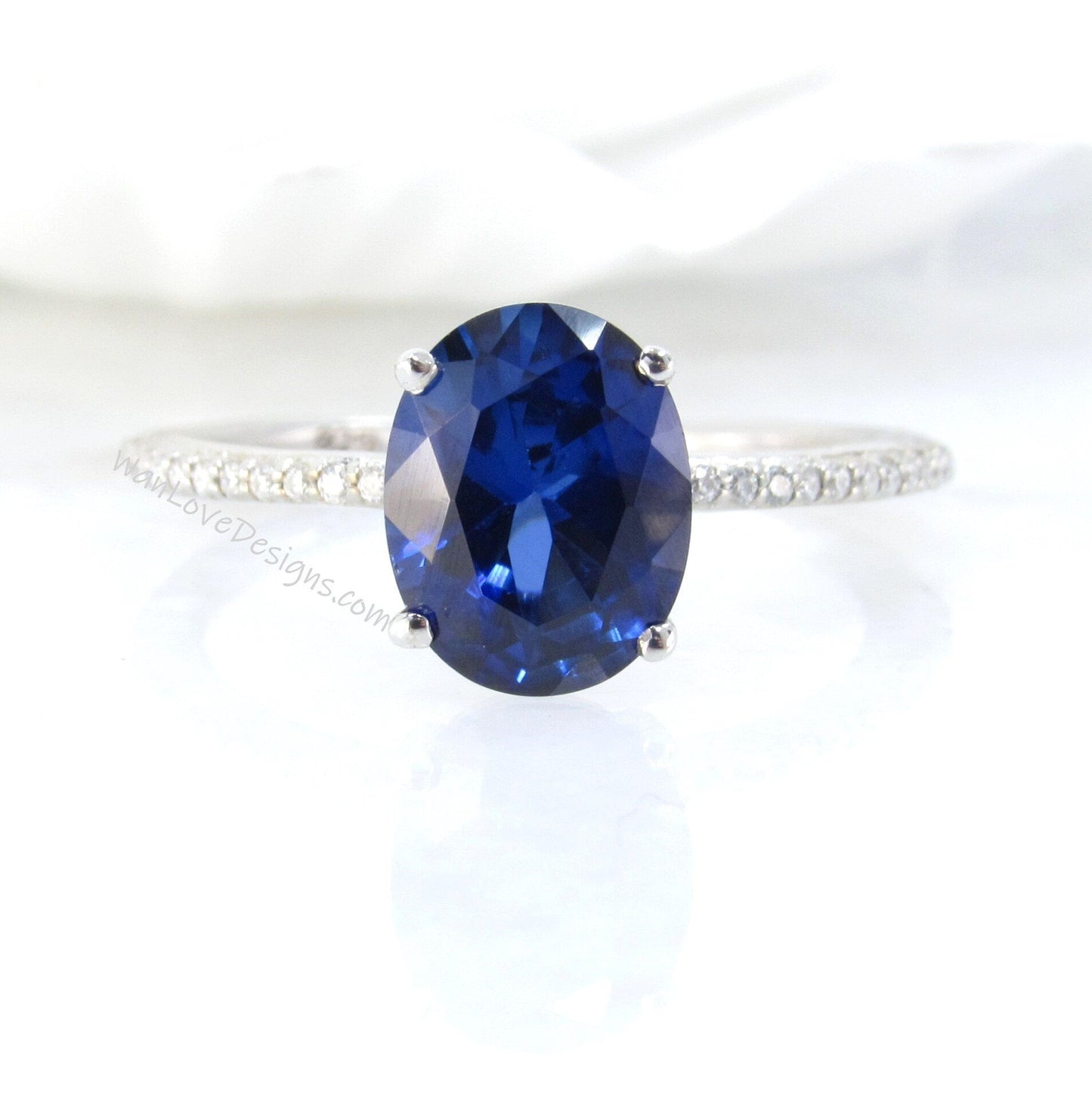 Vintage Blue Sapphire & Moissanite engagement ring Art deco dainty 4 prong wedding ring Antique oval cut bridal Anniversary ring for her Wan Love Designs