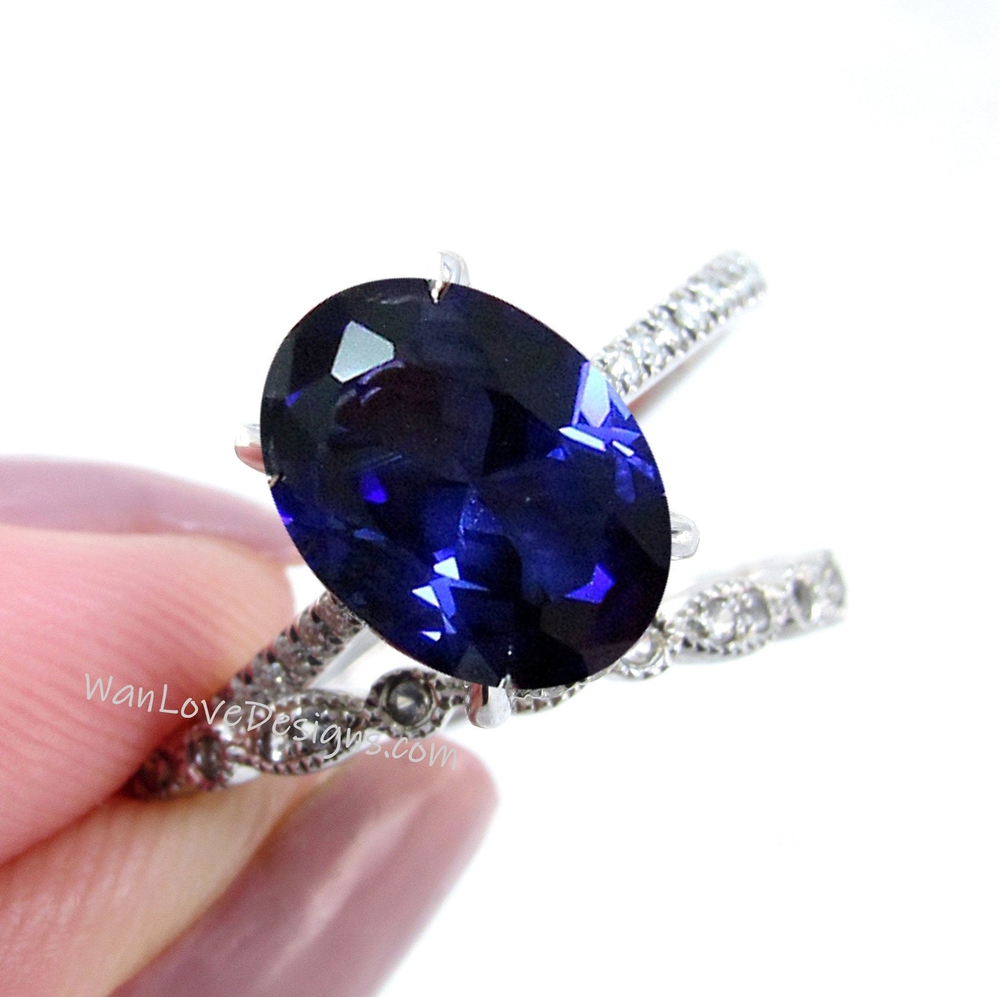 Vintage Blue Sapphire engagement ring set rose gold Oval diamond ring half eternity milgrain straight wedding band unique bridal set Wan Love Designs