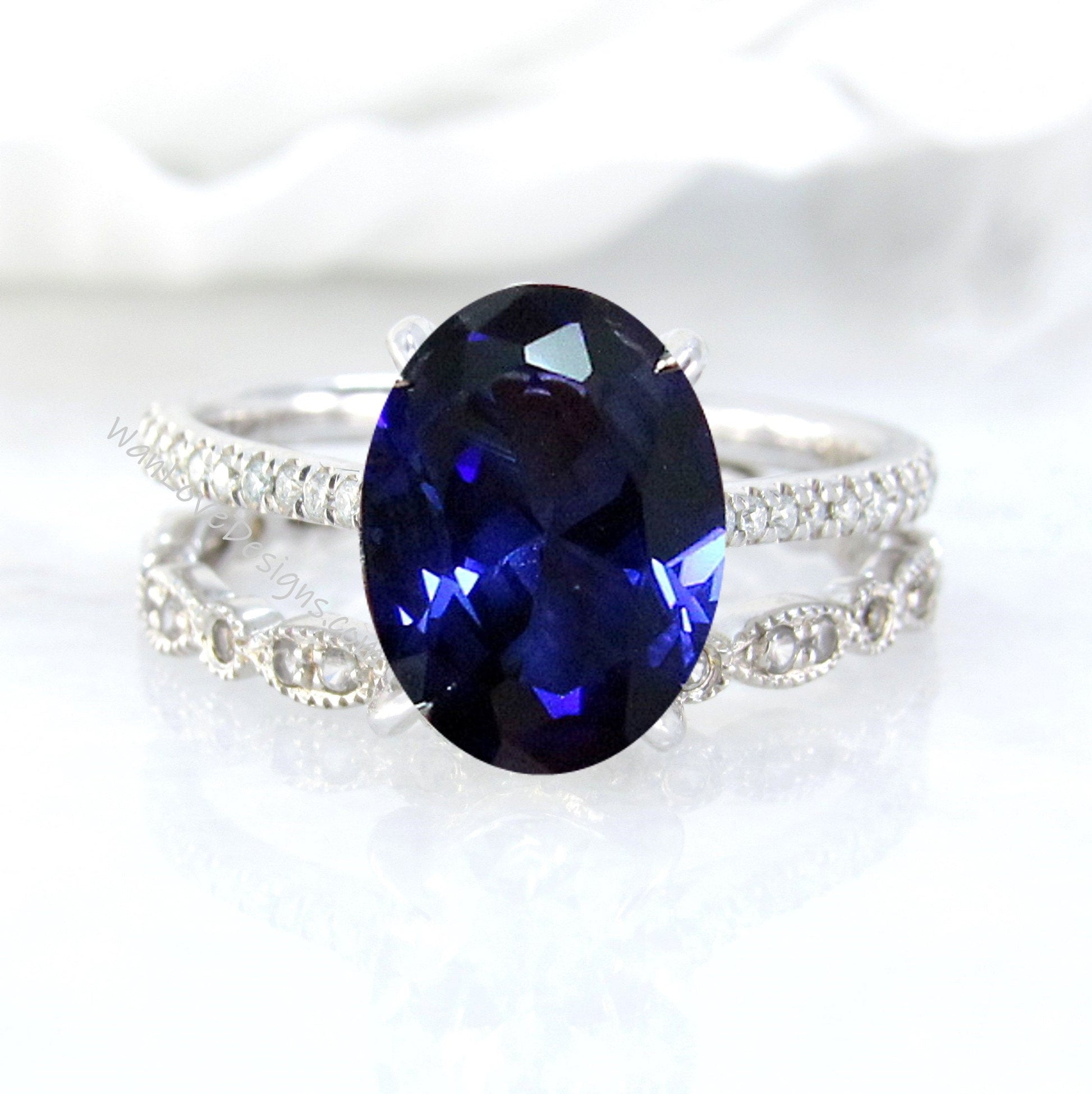 Vintage Blue Sapphire engagement ring set rose gold Oval diamond ring half eternity milgrain straight wedding band unique bridal set Wan Love Designs