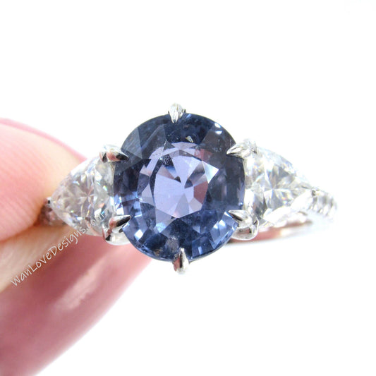 Vintage Cushion Natural Blue Sapphire three stones engagement ring Antique gold unique trillion wedding bridal ring anniversary promise ring Wan Love Designs