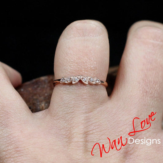 Vintage Design Matching Rings/ Diamond Stack Rings/ 18K 6 Leaves Wedding Rings/ Dainty leaf Bridal Rings/ Handmade Jewelry/ Stackable Ring Wan Love Designs