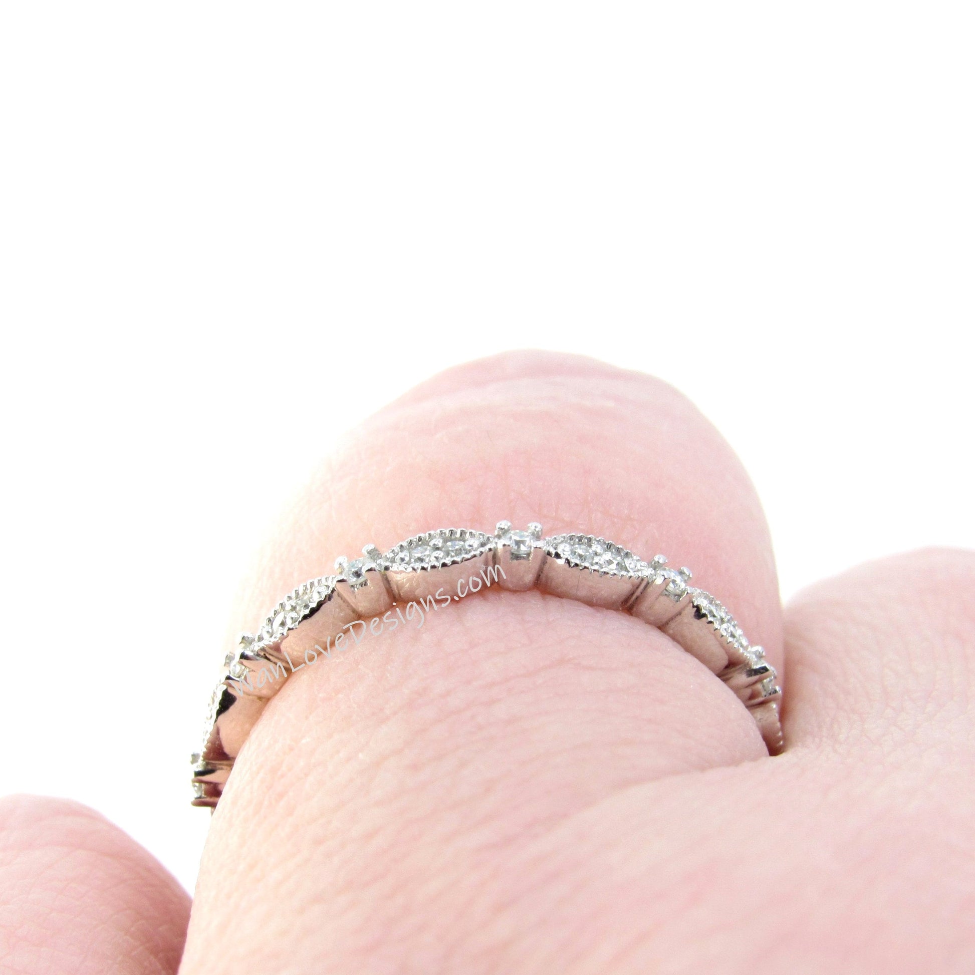 Vintage Diamond Scalloped Wedding Band in Solid Gold/ Milgrain Platinum Ring, Wedding Anniversary Ring, Promise Ring, Birthstone Ring. Wan Love Designs