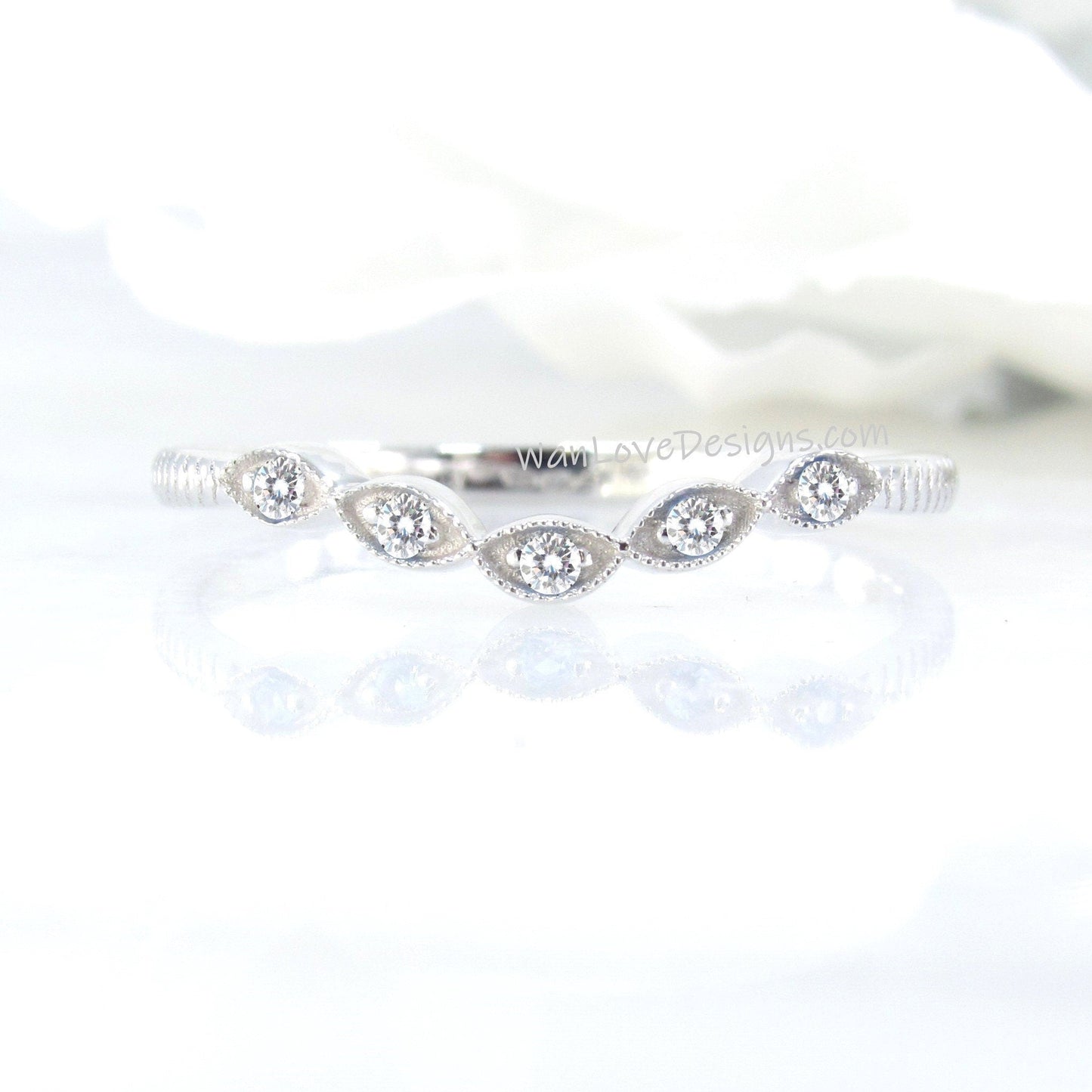 Vintage curved leaf ring, diamonds milgrain engraved antique band, womans curve moissanite ring, unique wedding ring, Birthstone Choice ring Wan Love Designs
