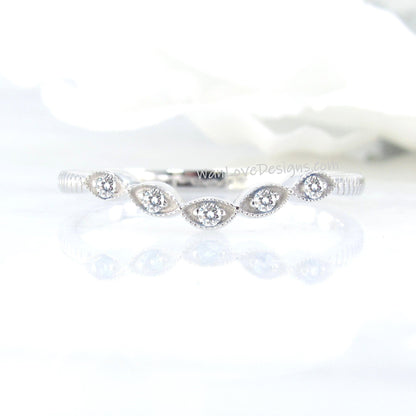 Vintage curved leaf ring, diamonds milgrain engraved antique band, womans curve moissanite ring, unique wedding ring, Birthstone Choice ring Wan Love Designs
