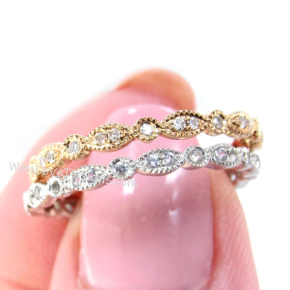 Vintage diamond wedding band rose gold Art deco marquise leaf ring Full eternity band dainty milgrain Stacking band Promise ring-Ready ship Wan Love Designs