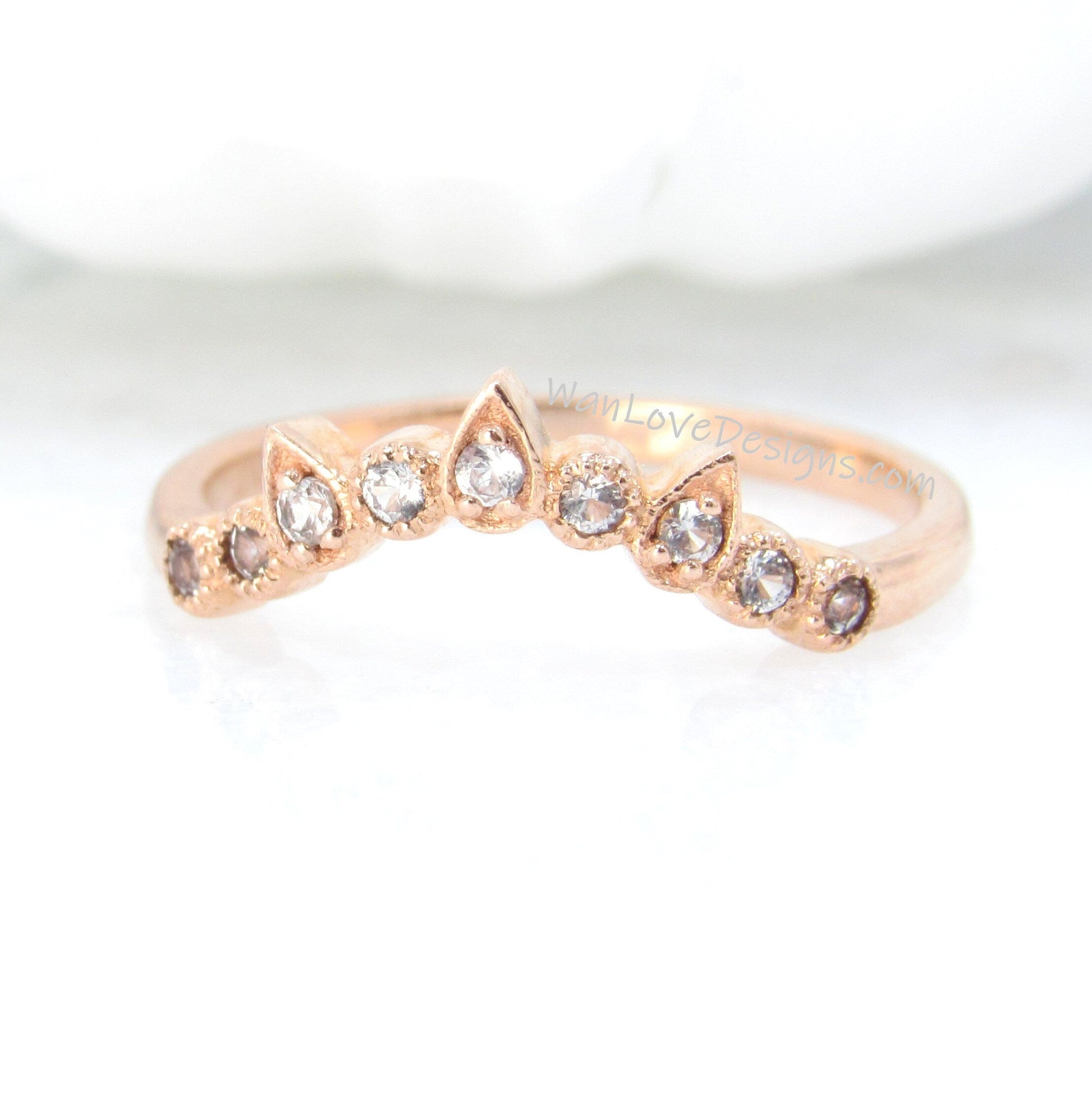 Vintage diamond wedding band rose gold Art deco round moissanite ring Half eternity curved band unique band Birthstone bridal Promise ring Wan Love Designs