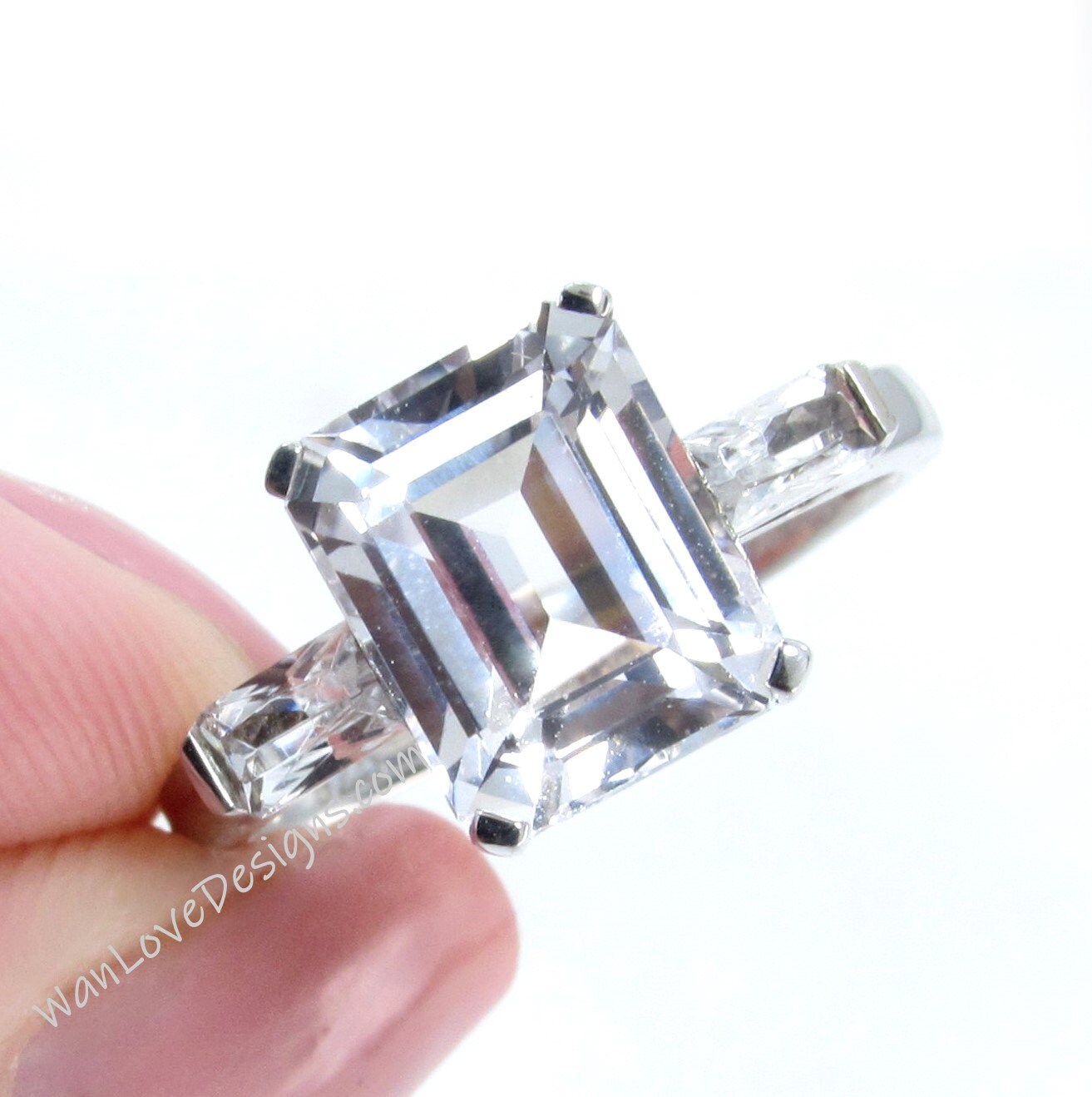 Vintage emerald cut White Sapphire engagement ring three stone ring art deco antique baguette ring anniversary wedding ring ~ Ready to Ship Wan Love Designs