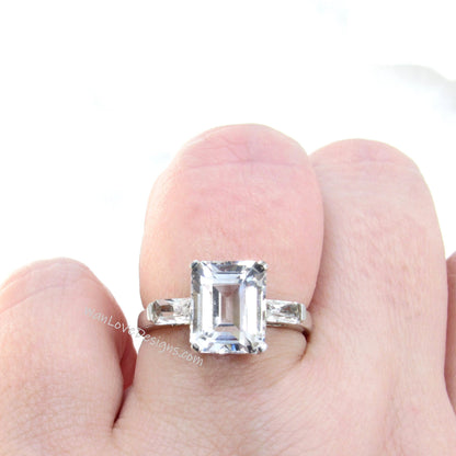 Vintage emerald cut White Sapphire engagement ring three stone ring art deco antique baguette ring anniversary wedding ring ~ Ready to Ship Wan Love Designs