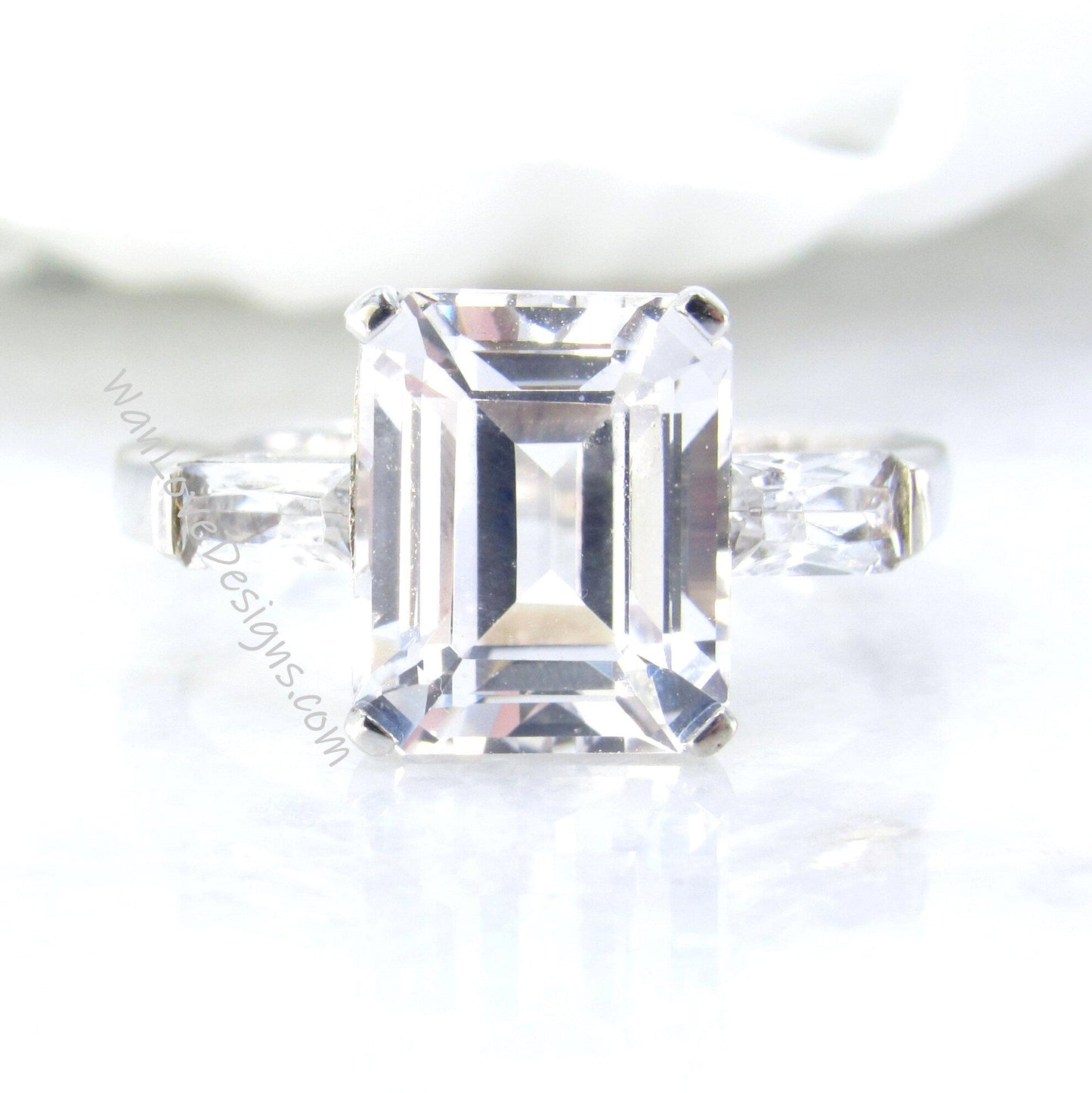 Vintage emerald cut White Sapphire engagement ring three stone ring art deco antique baguette ring anniversary wedding ring ~ Ready to Ship Wan Love Designs