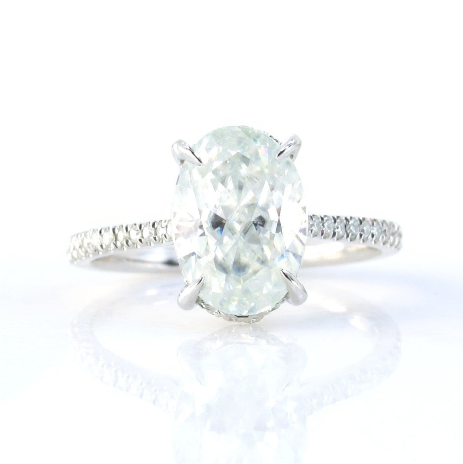 3ct Moissanite Crushed Ice Oval Engagement Ring, Elongated Oval Hidden Halo Solitaire Wedding Ring, White Gold Moissanite Ring,Ready to Ship