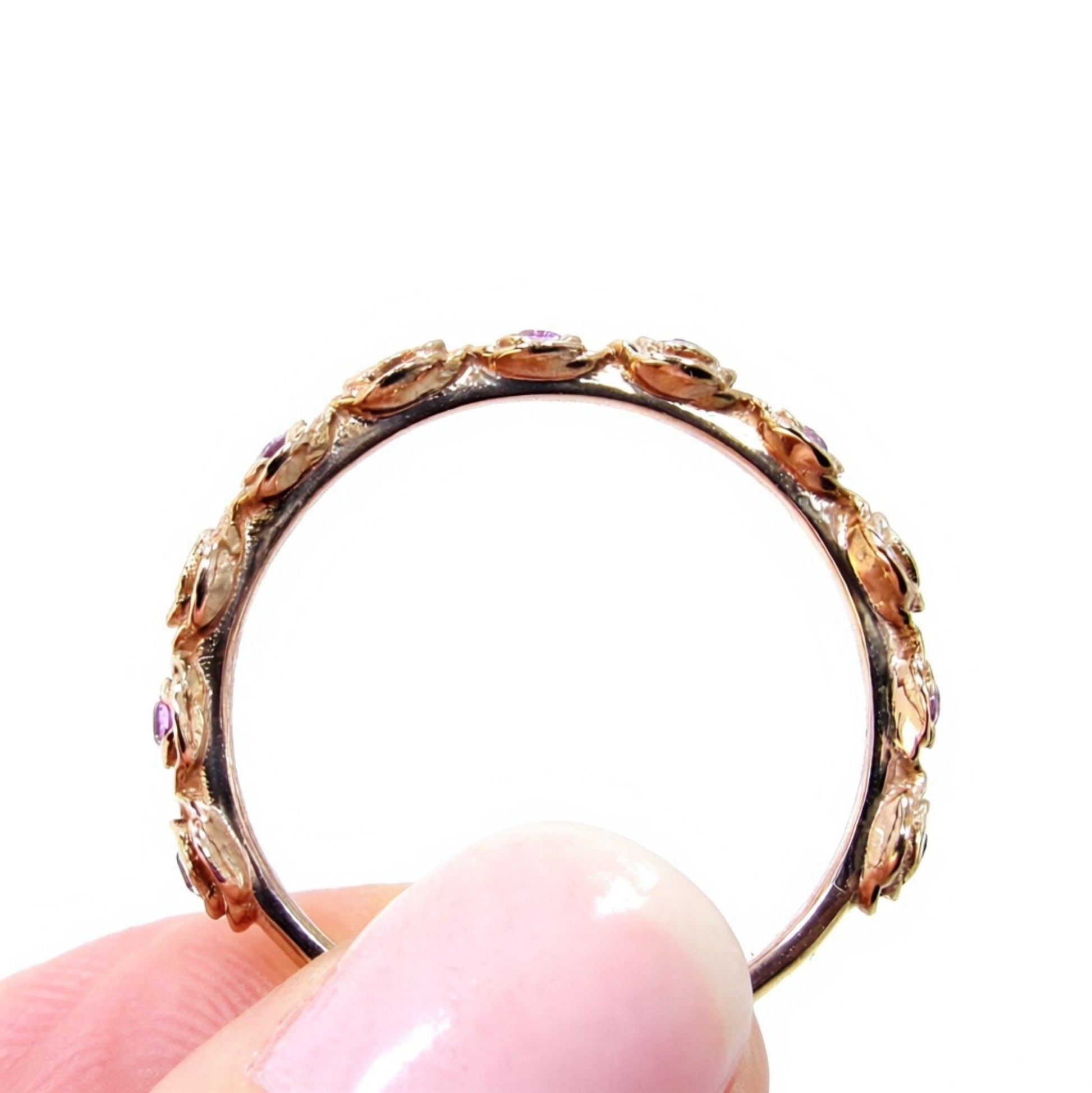 Rose Gold Pink Sapphire Wedding Band Women vintage Rose bridal band leaf flower wedding ring floral ring anniversary band, Ready to Ship Wan Love Designs