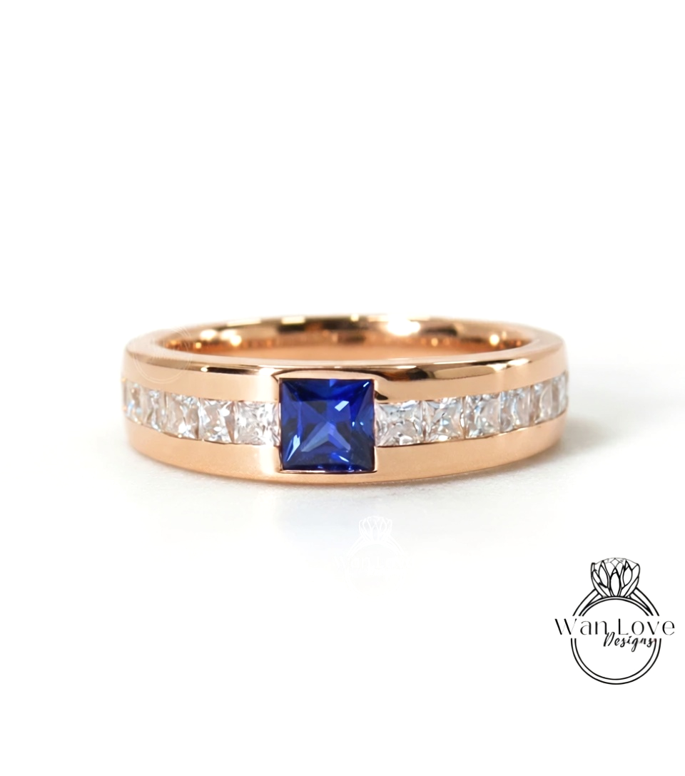Men's Blue Sapphire Wedding Princess Cut Mens Wedding Band, Solid Gold 10/14k/18k Wedding Ring, Moissanite Wedding Ring, His Wedding Band