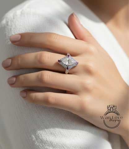 A close-up of a person's hand wearing a diamond ring with a large central stone surrounded by smaller stones.