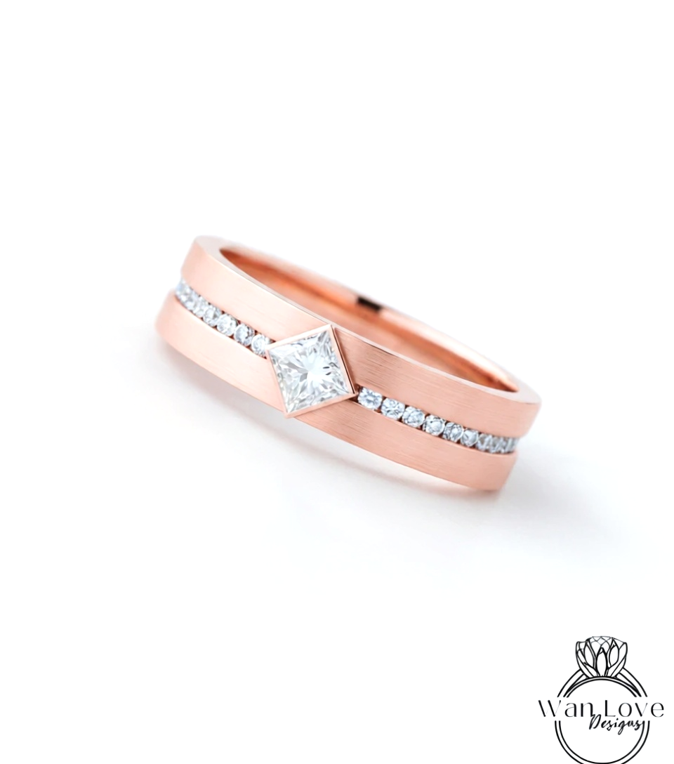 Diamond Mens Wedding Band, Princess Cut kite Set Diamonds Mens Wedding Band, Solid Gold 10k/14k/18k Wedding Ring, Mens Birthstone Ring