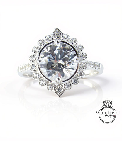 White Gold Art Deco luxurious pave White Sapphire Halo ring, 2ct unique Geometric Halo, Round halo ring, Cathedral Fancy Gallery, Ready Ring