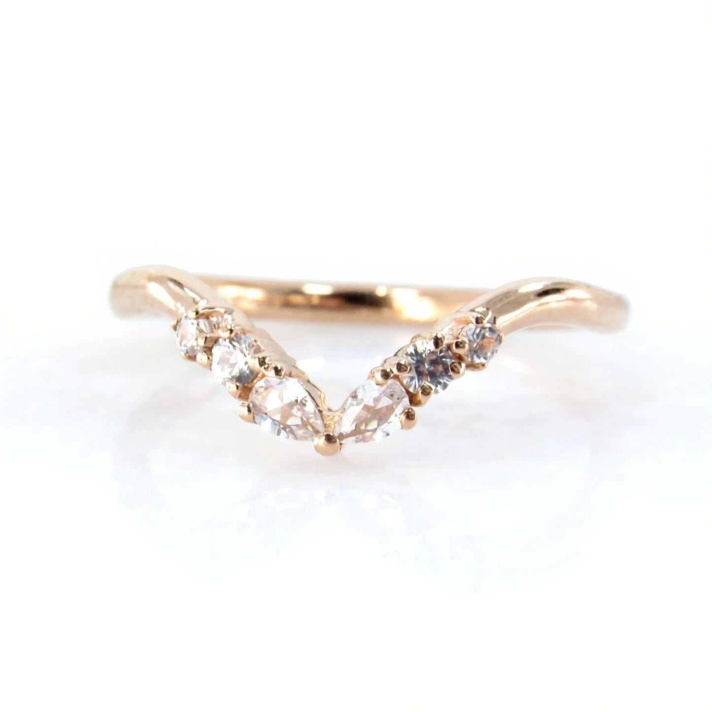 Art Deco Matching Rings/ White Sapphire Wedding Band/ Solid Rose Gold Dainty Bridal Ring/ Curved Design Women Ring/ Birthday Gift/ Ready